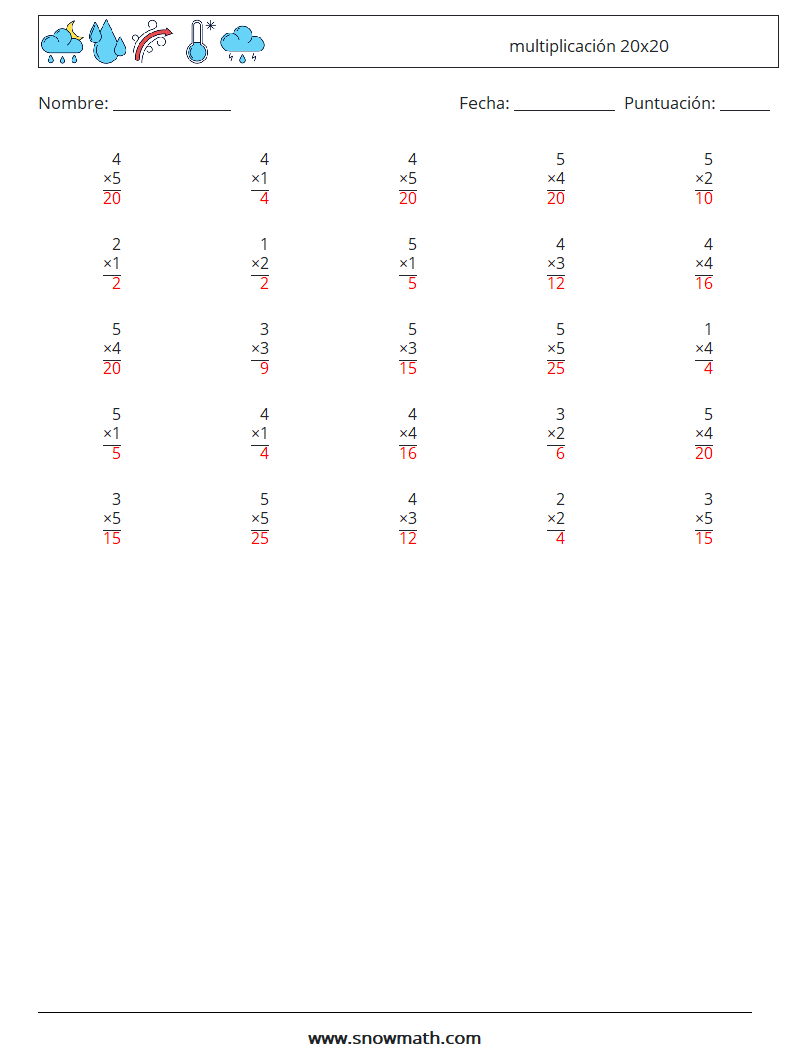 (25) multiplicación 20x20 Hojas de trabajo de matemáticas 7 Pregunta, respuesta