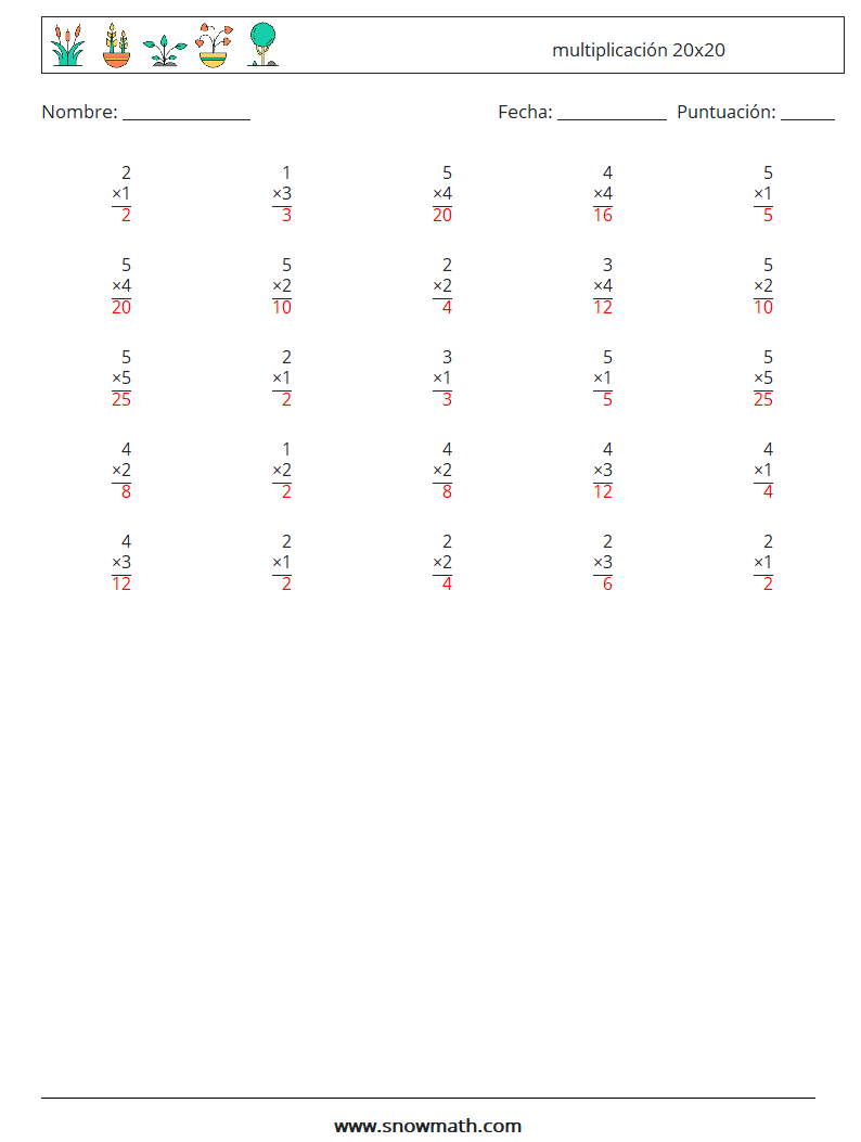 (25) multiplicación 20x20 Hojas de trabajo de matemáticas 9 Pregunta, respuesta