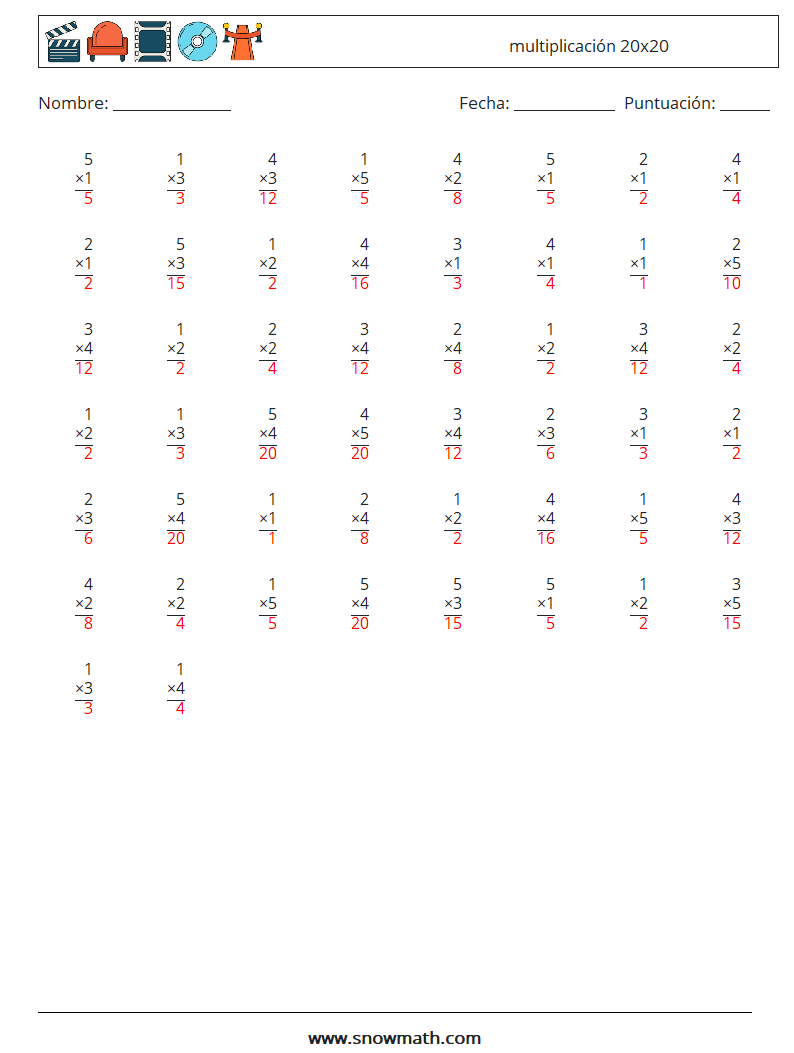 (50) multiplicación 20x20 Hojas de trabajo de matemáticas 10 Pregunta, respuesta