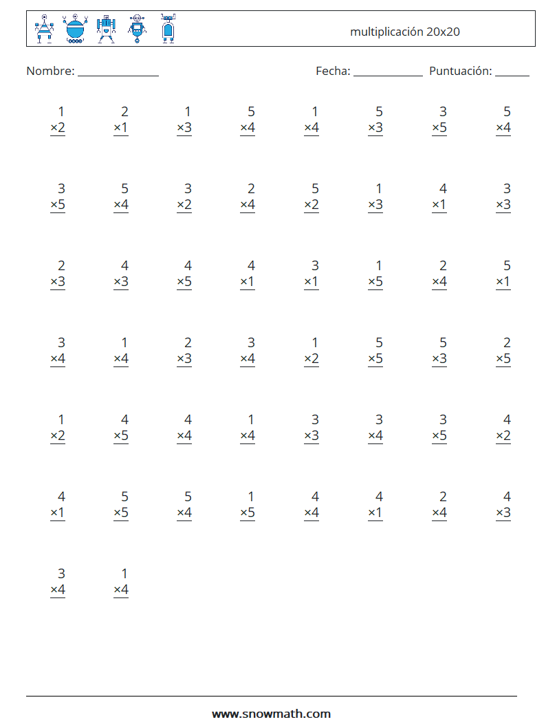 (50) multiplicación 20x20 Hojas de trabajo de matemáticas 11