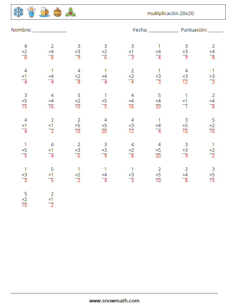 (50) multiplicación 20x20 Hojas de trabajo de matemáticas 12 Pregunta, respuesta
