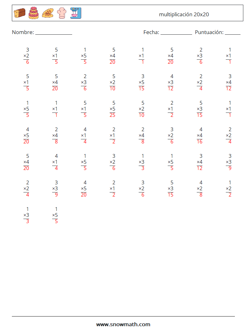 (50) multiplicación 20x20 Hojas de trabajo de matemáticas 15 Pregunta, respuesta