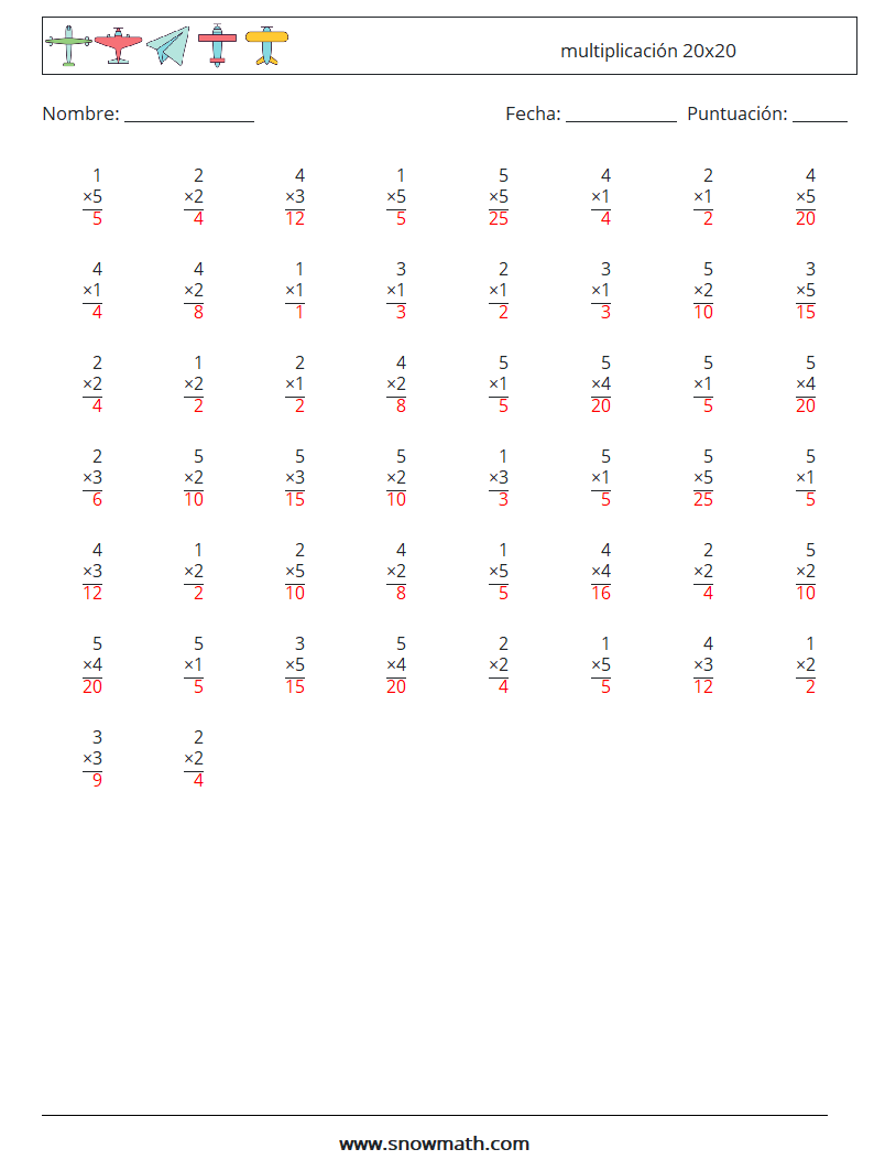 (50) multiplicación 20x20 Hojas de trabajo de matemáticas 17 Pregunta, respuesta