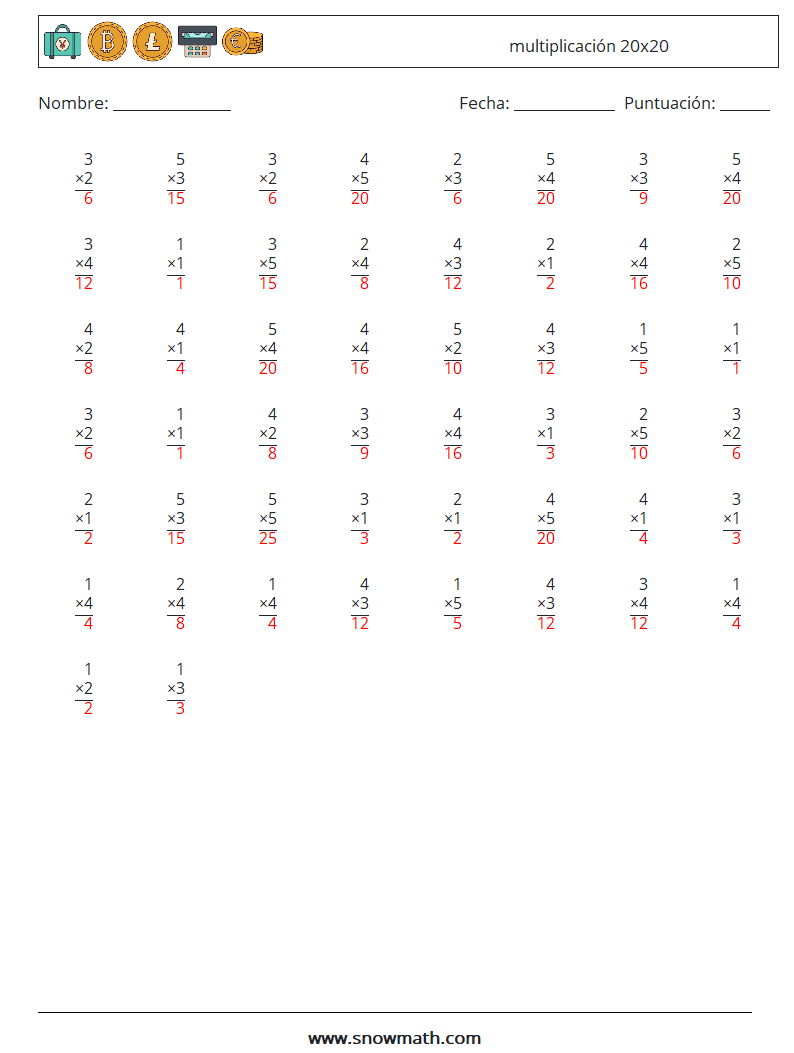 (50) multiplicación 20x20 Hojas de trabajo de matemáticas 1 Pregunta, respuesta