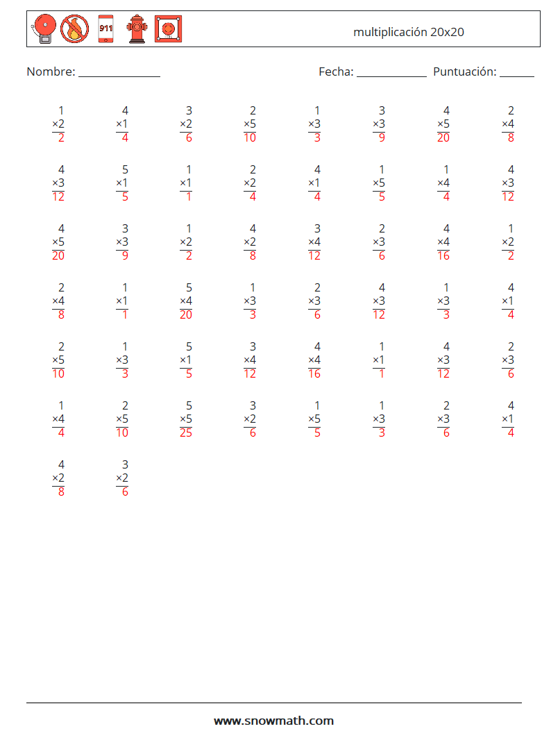 (50) multiplicación 20x20 Hojas de trabajo de matemáticas 3 Pregunta, respuesta