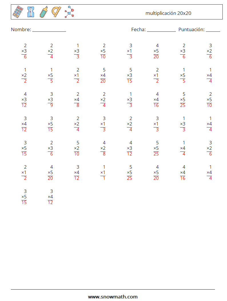 (50) multiplicación 20x20 Hojas de trabajo de matemáticas 4 Pregunta, respuesta