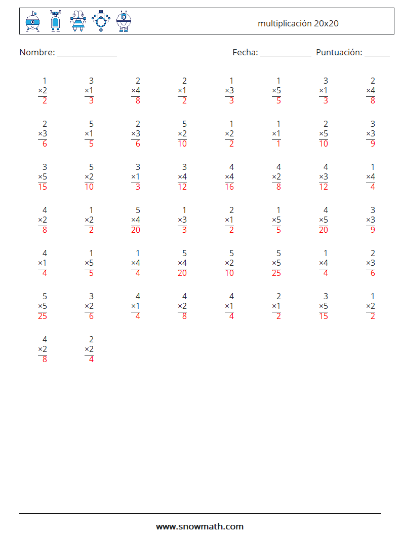 (50) multiplicación 20x20 Hojas de trabajo de matemáticas 5 Pregunta, respuesta