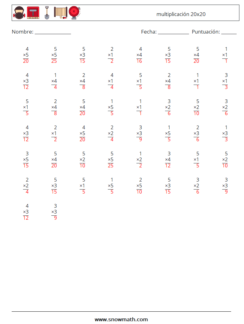 (50) multiplicación 20x20 Hojas de trabajo de matemáticas 6 Pregunta, respuesta