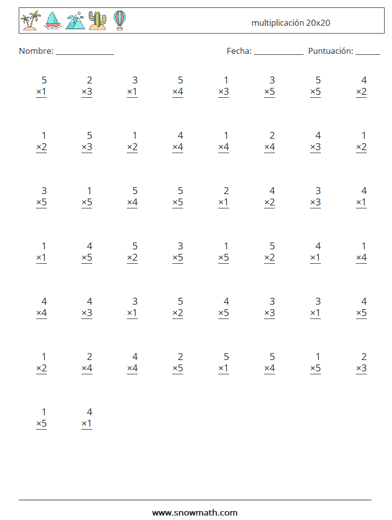 (50) multiplicación 20x20 Hojas de trabajo de matemáticas 7