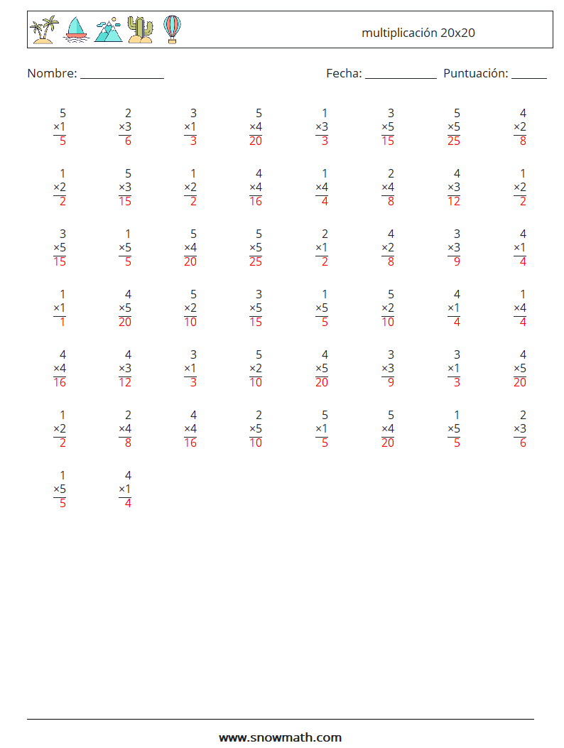 (50) multiplicación 20x20 Hojas de trabajo de matemáticas 7 Pregunta, respuesta