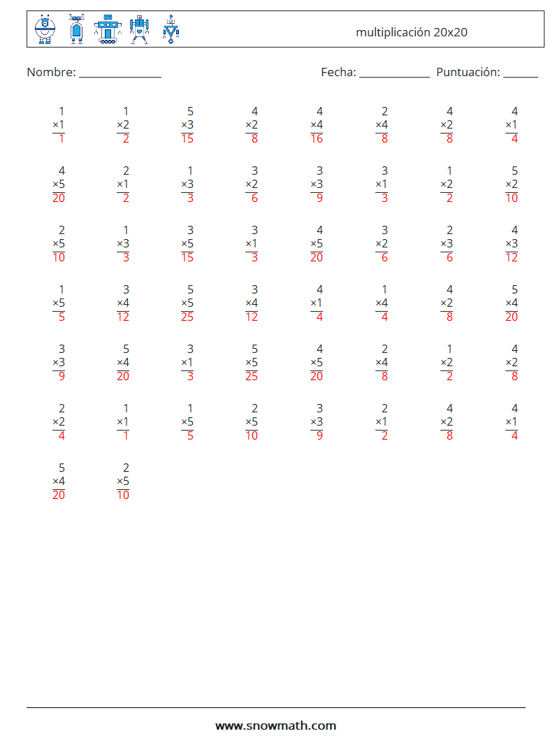 (50) multiplicación 20x20 Hojas de trabajo de matemáticas 8 Pregunta, respuesta