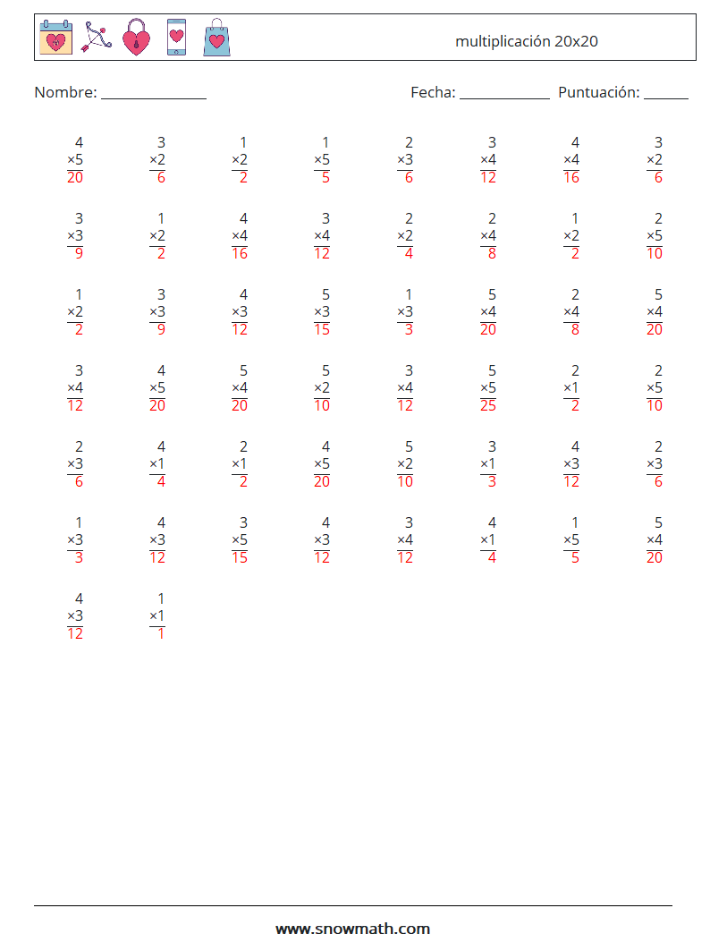 (50) multiplicación 20x20 Hojas de trabajo de matemáticas 9 Pregunta, respuesta