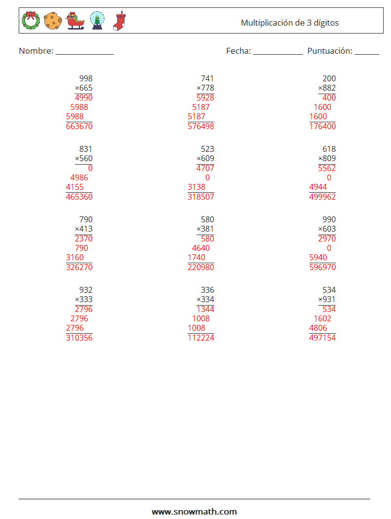 (12) Multiplicación de 3 dígitos Hojas de trabajo de matemáticas 11 Pregunta, respuesta