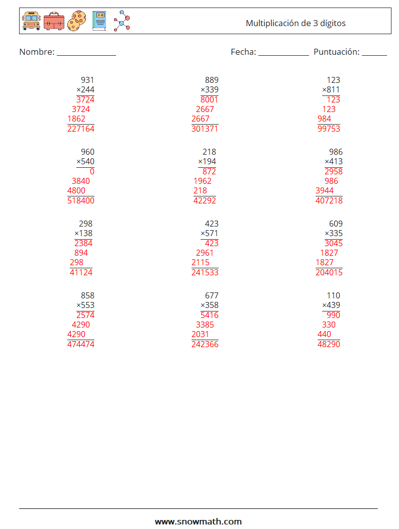 (12) Multiplicación de 3 dígitos Hojas de trabajo de matemáticas 12 Pregunta, respuesta