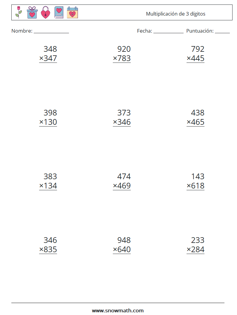 (12) Multiplicación de 3 dígitos Hojas de trabajo de matemáticas 13