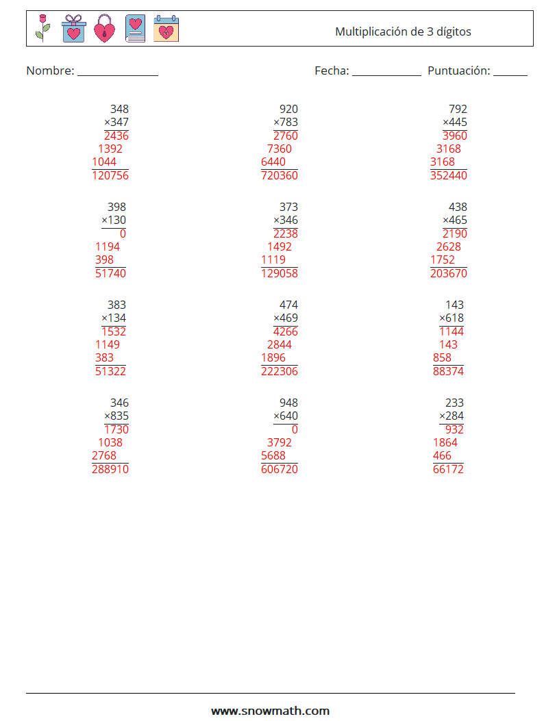 (12) Multiplicación de 3 dígitos Hojas de trabajo de matemáticas 13 Pregunta, respuesta