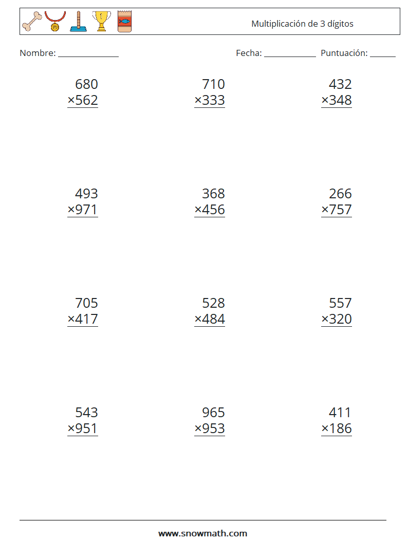 (12) Multiplicación de 3 dígitos Hojas de trabajo de matemáticas 14