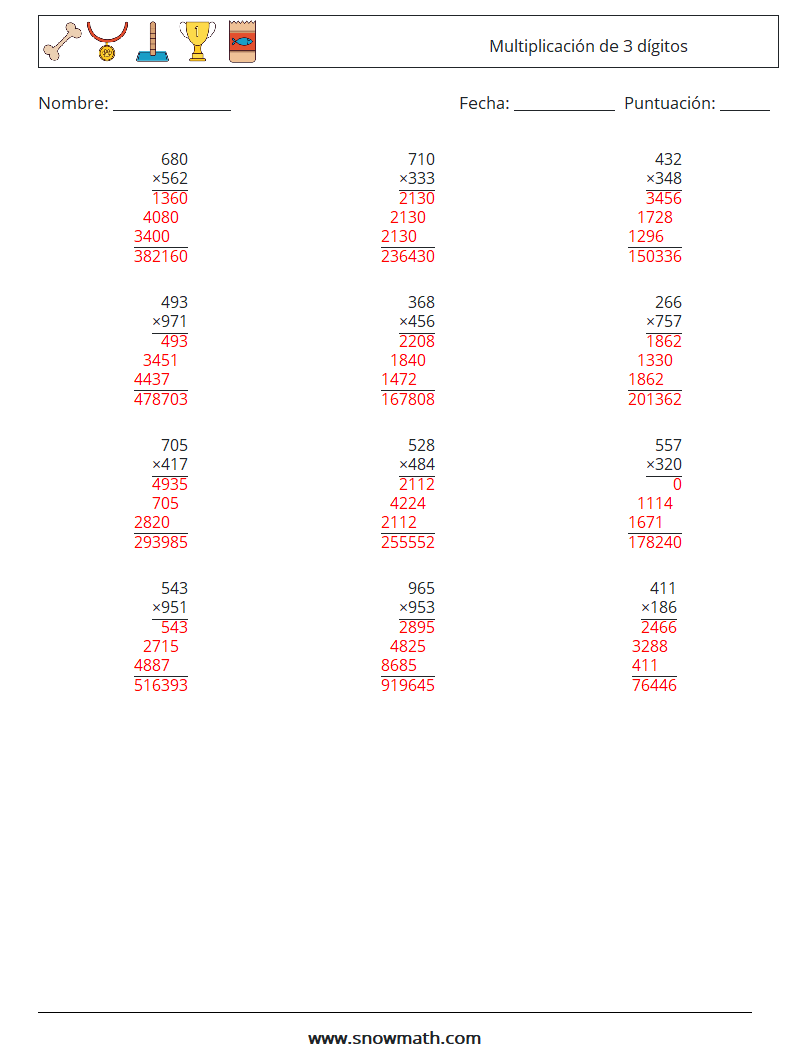 (12) Multiplicación de 3 dígitos Hojas de trabajo de matemáticas 14 Pregunta, respuesta