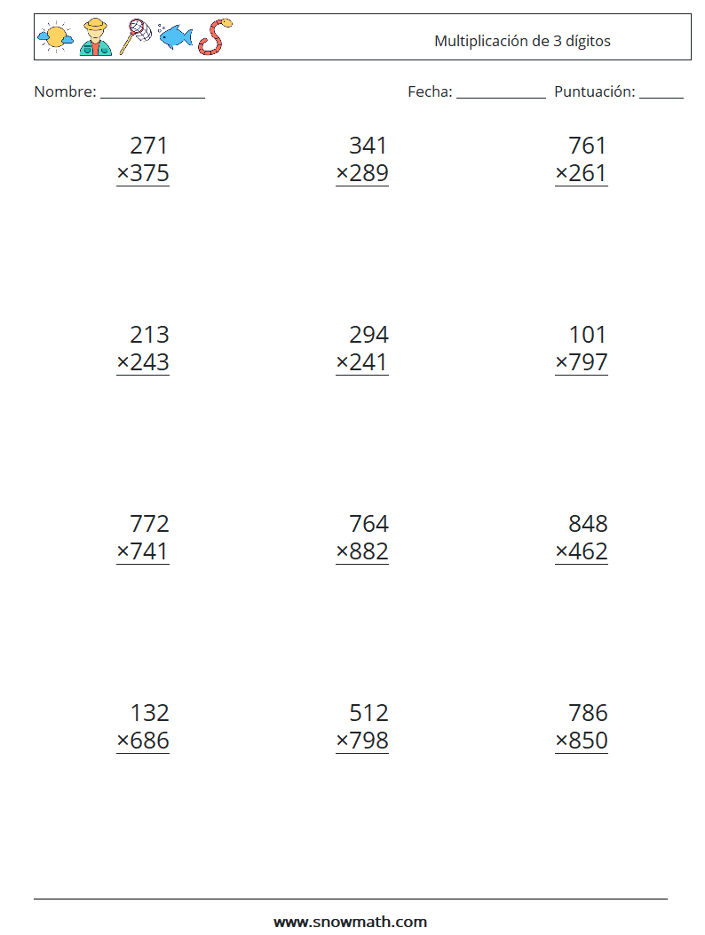 (12) Multiplicación de 3 dígitos Hojas de trabajo de matemáticas 15