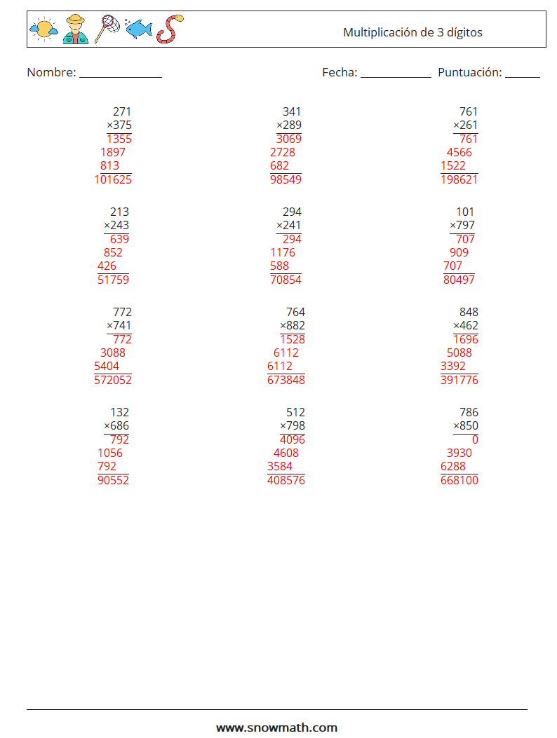 (12) Multiplicación de 3 dígitos Hojas de trabajo de matemáticas 15 Pregunta, respuesta