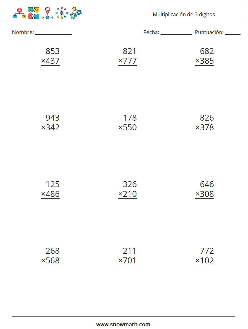 (12) Multiplicación de 3 dígitos Hojas de trabajo de matemáticas 16