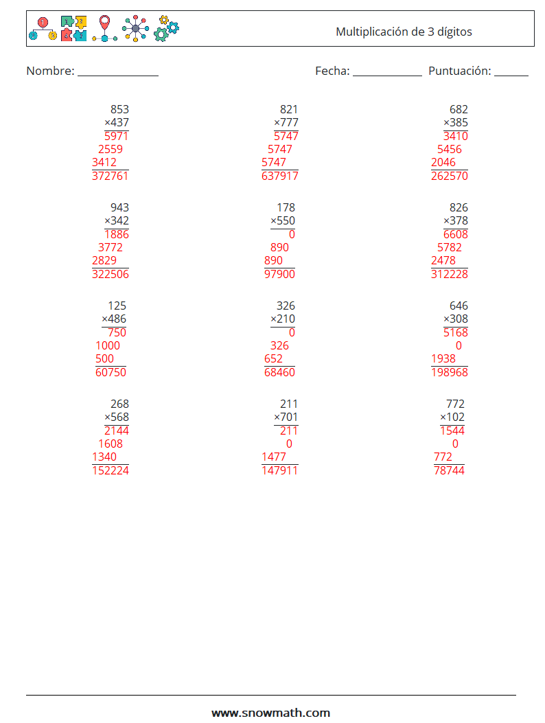 (12) Multiplicación de 3 dígitos Hojas de trabajo de matemáticas 16 Pregunta, respuesta