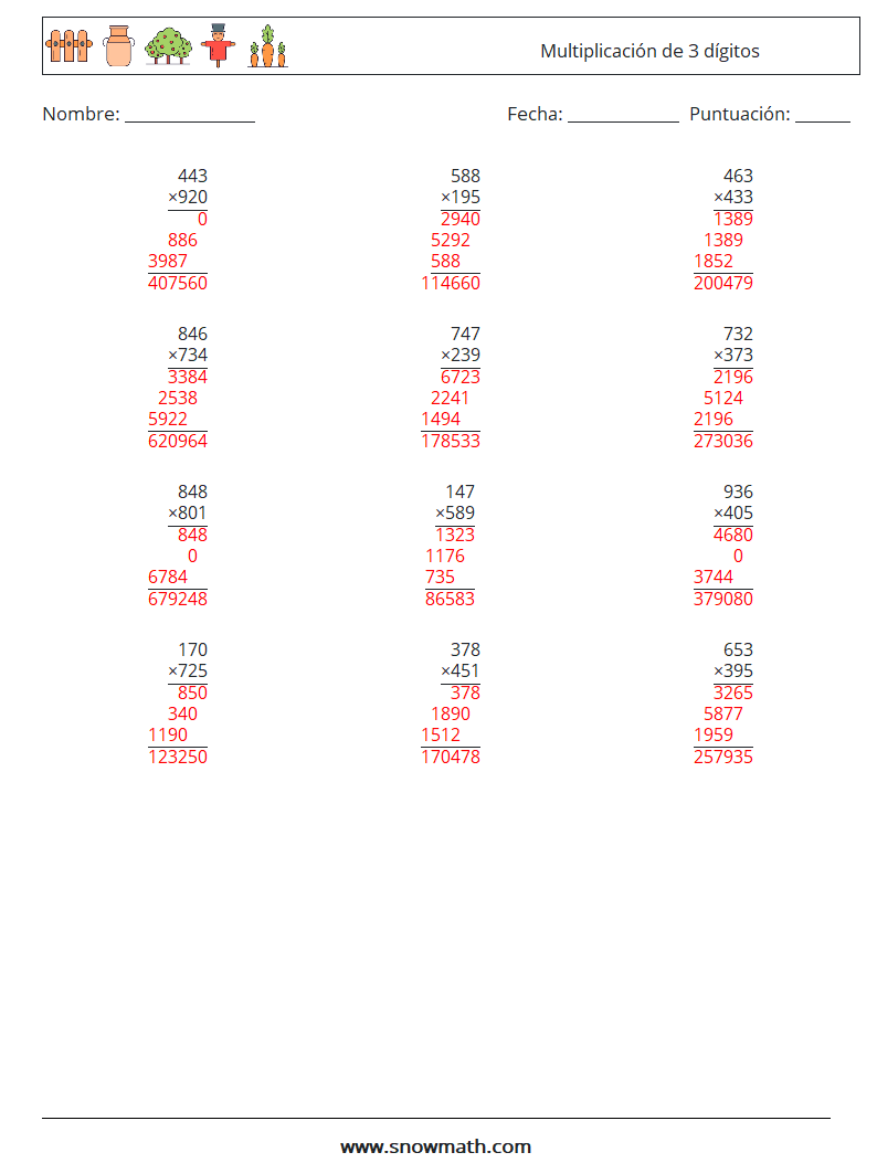 (12) Multiplicación de 3 dígitos Hojas de trabajo de matemáticas 18 Pregunta, respuesta