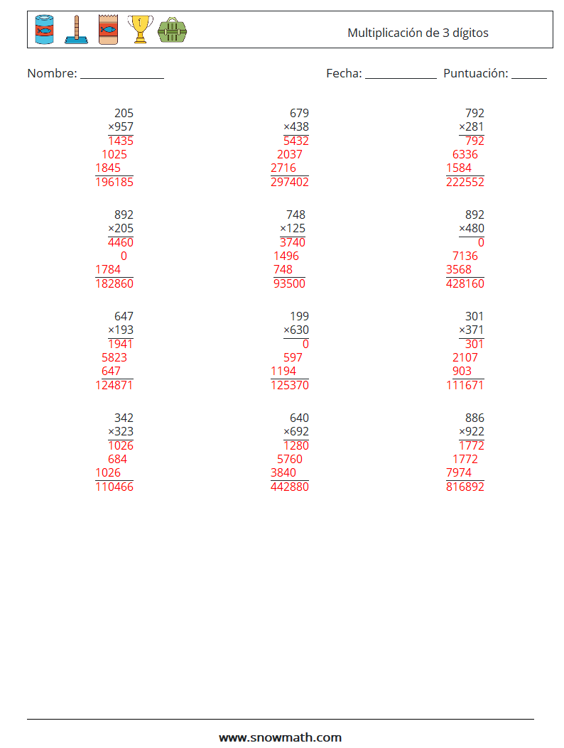 (12) Multiplicación de 3 dígitos Hojas de trabajo de matemáticas 1 Pregunta, respuesta