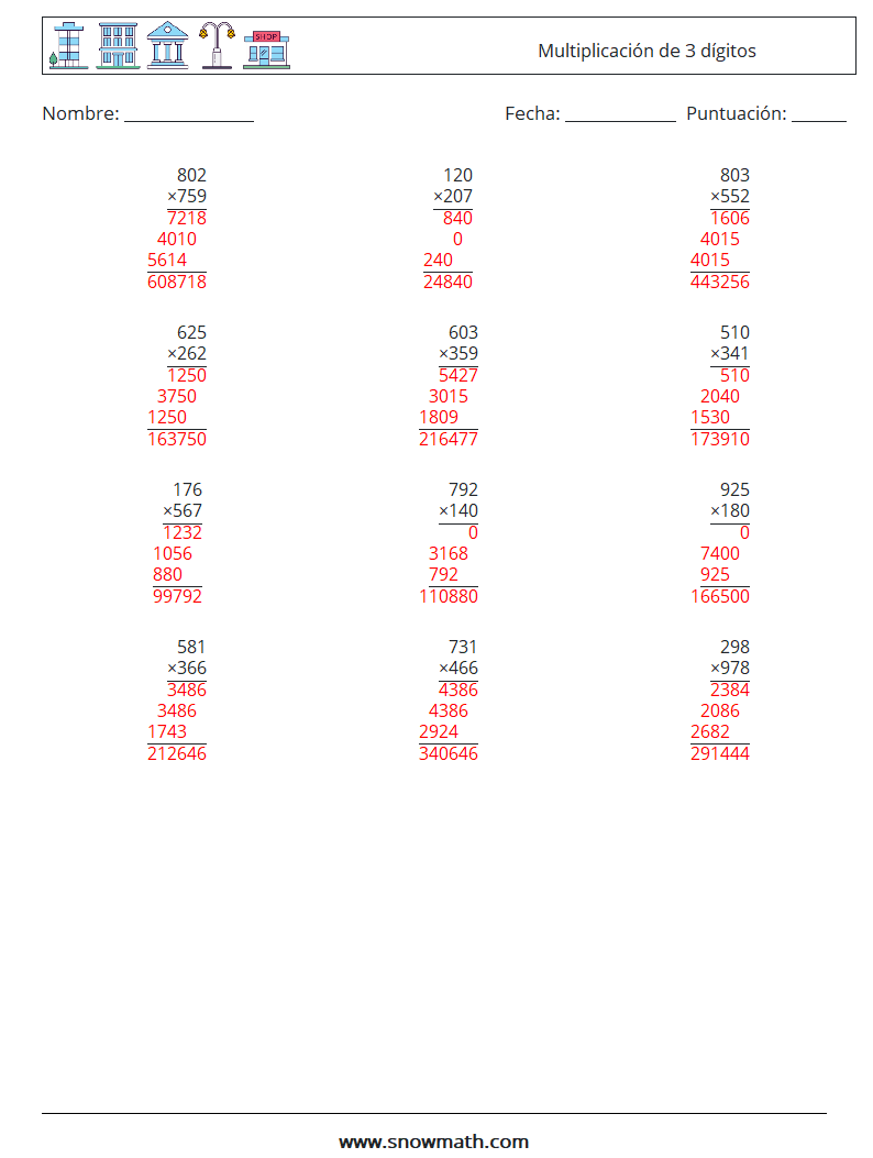 (12) Multiplicación de 3 dígitos Hojas de trabajo de matemáticas 2 Pregunta, respuesta