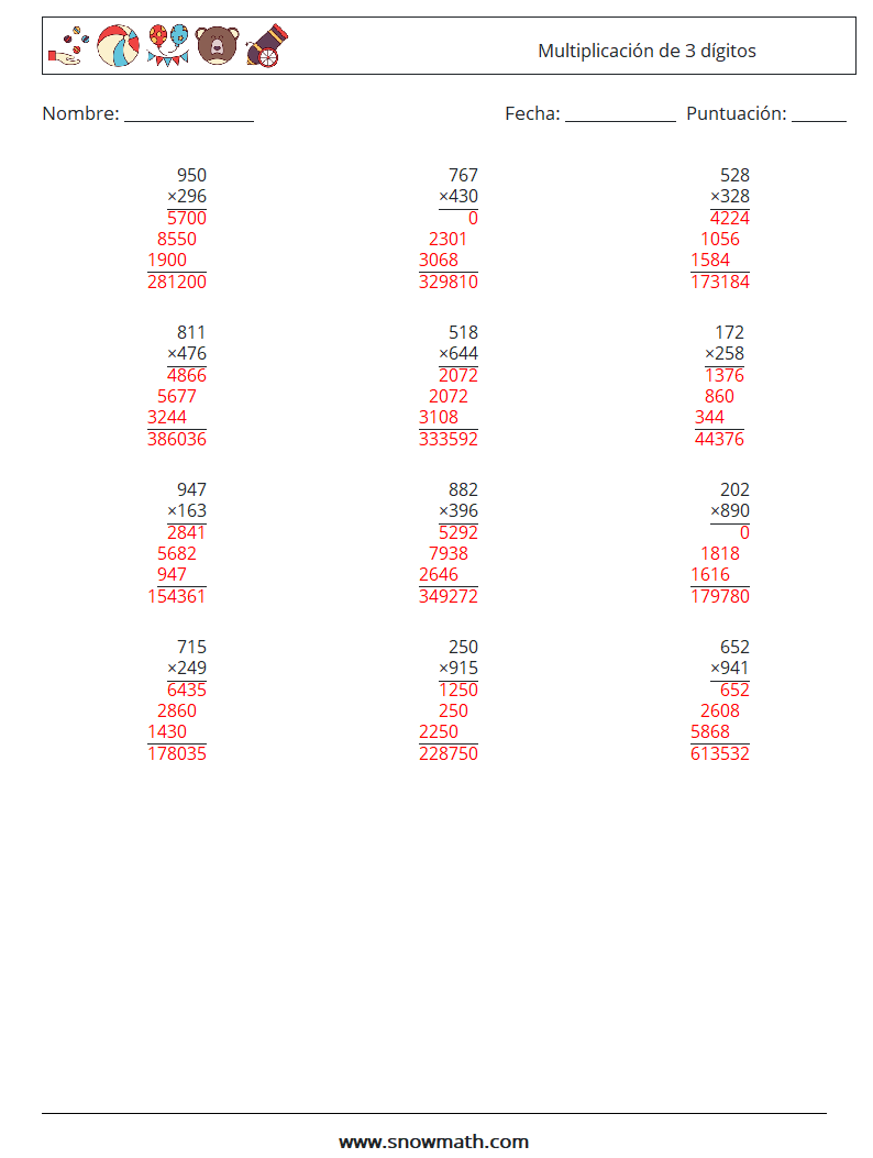 (12) Multiplicación de 3 dígitos Hojas de trabajo de matemáticas 3 Pregunta, respuesta