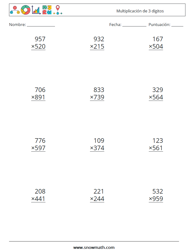 (12) Multiplicación de 3 dígitos Hojas de trabajo de matemáticas 4