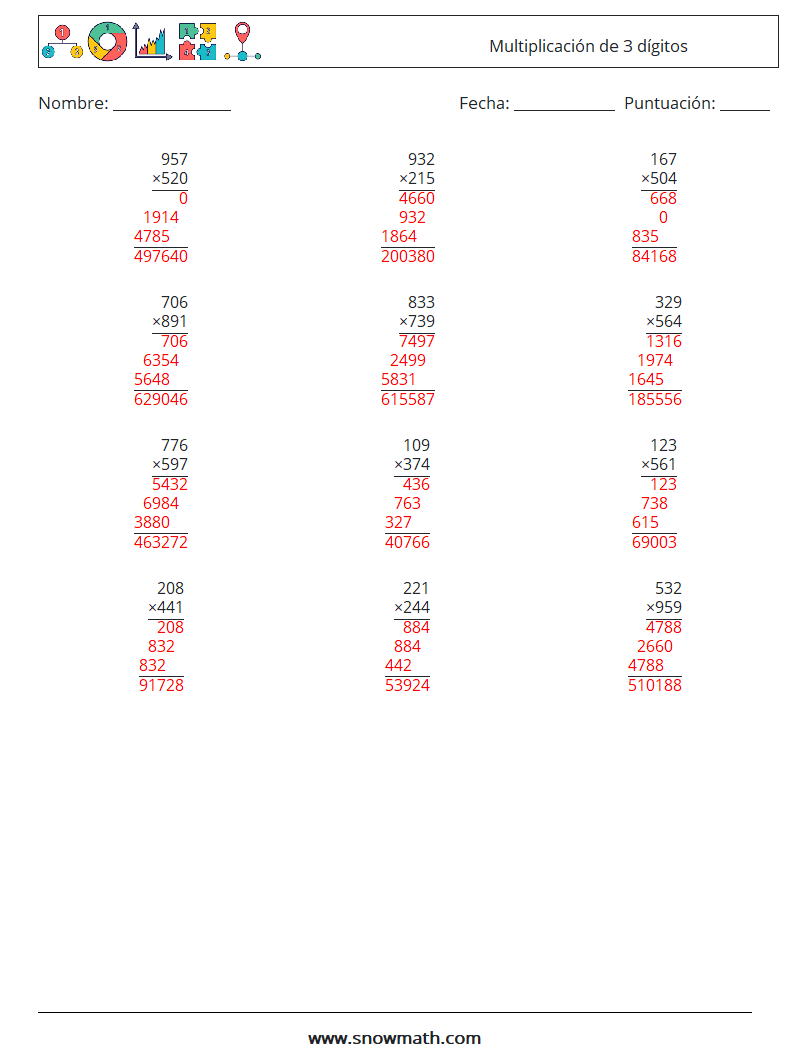 (12) Multiplicación de 3 dígitos Hojas de trabajo de matemáticas 4 Pregunta, respuesta