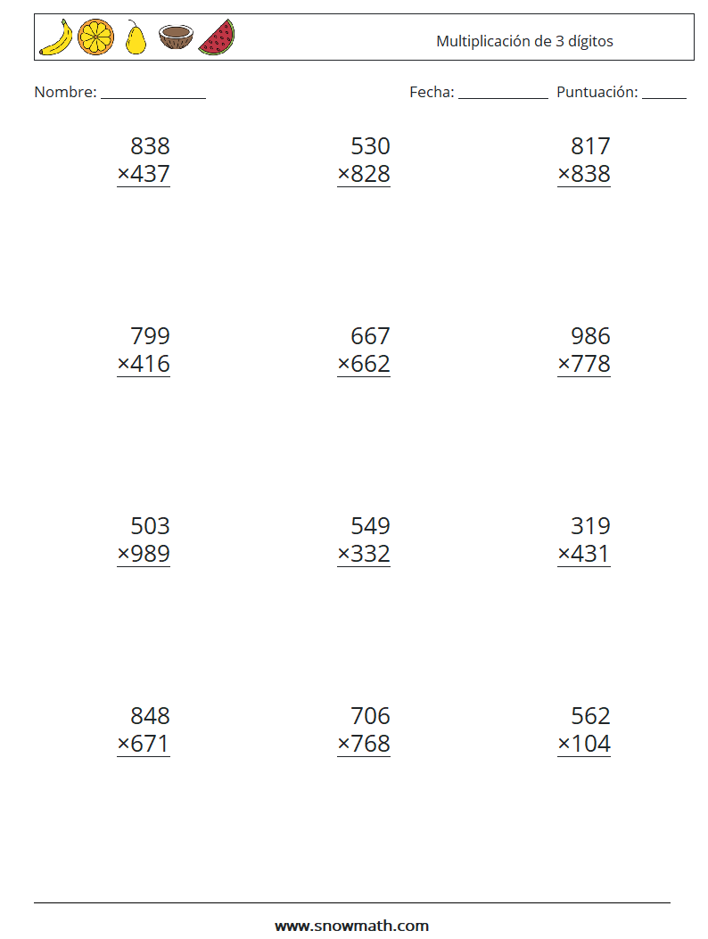 (12) Multiplicación de 3 dígitos Hojas de trabajo de matemáticas 5