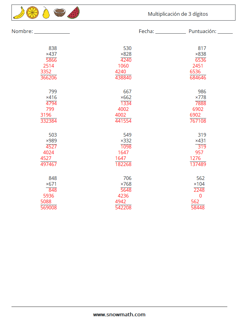 (12) Multiplicación de 3 dígitos Hojas de trabajo de matemáticas 5 Pregunta, respuesta