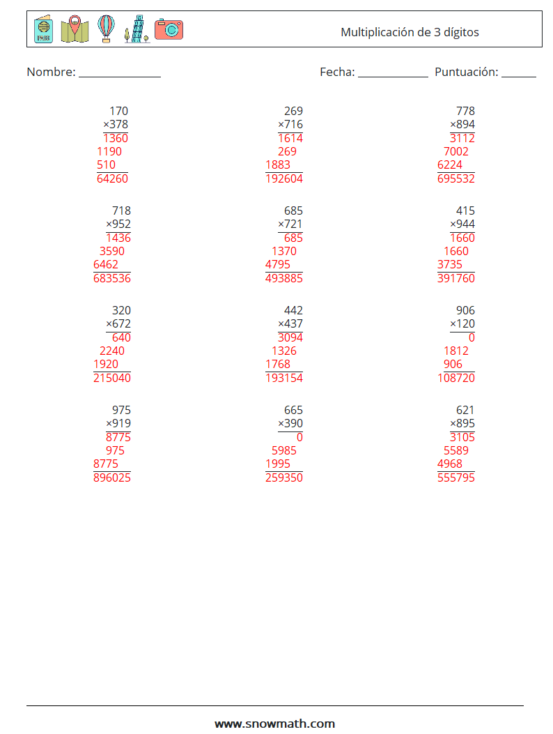 (12) Multiplicación de 3 dígitos Hojas de trabajo de matemáticas 6 Pregunta, respuesta