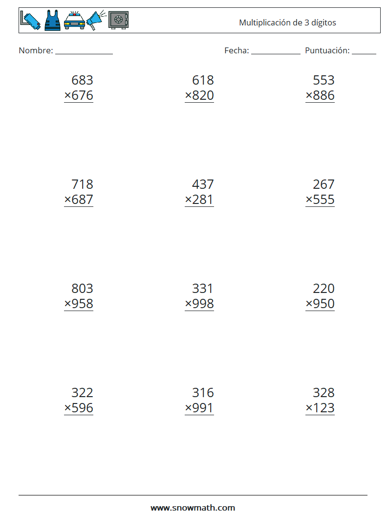 (12) Multiplicación de 3 dígitos Hojas de trabajo de matemáticas 7