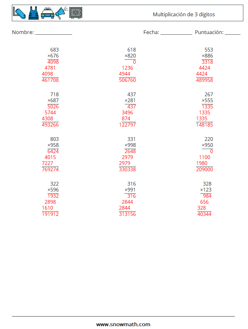 (12) Multiplicación de 3 dígitos Hojas de trabajo de matemáticas 7 Pregunta, respuesta