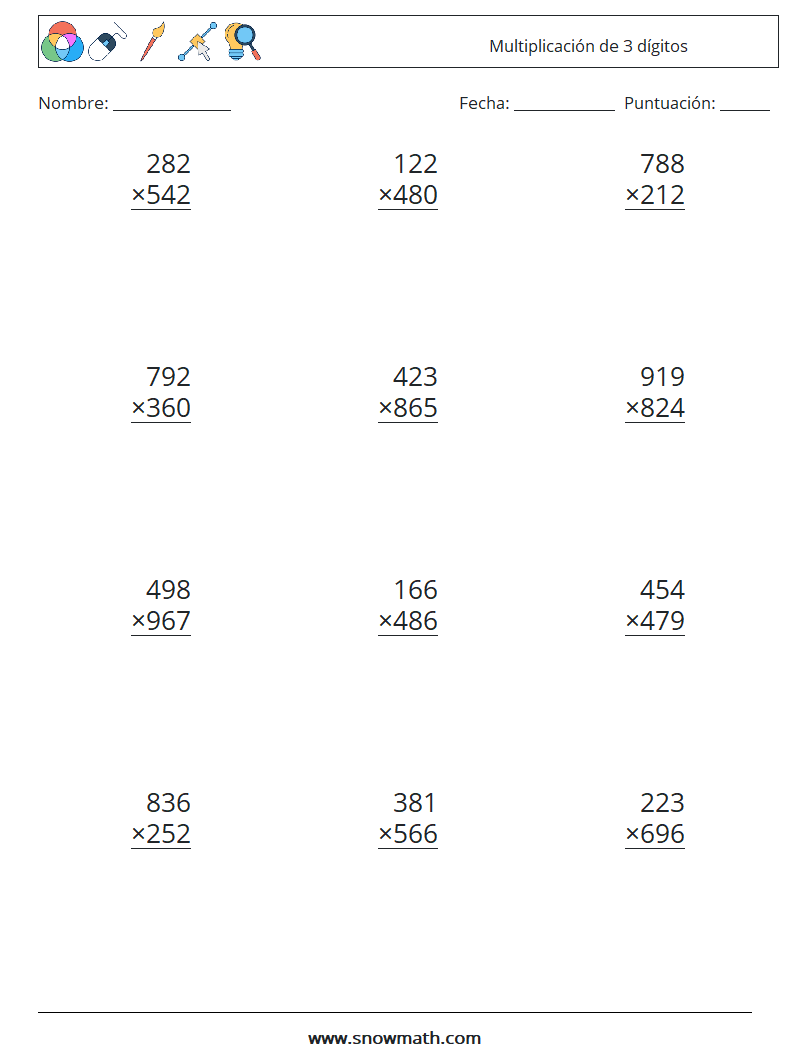 (12) Multiplicación de 3 dígitos Hojas de trabajo de matemáticas 8