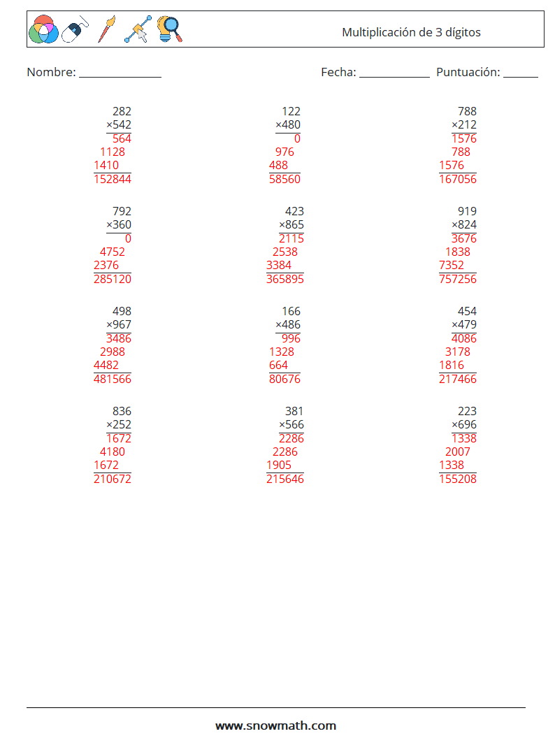 (12) Multiplicación de 3 dígitos Hojas de trabajo de matemáticas 8 Pregunta, respuesta