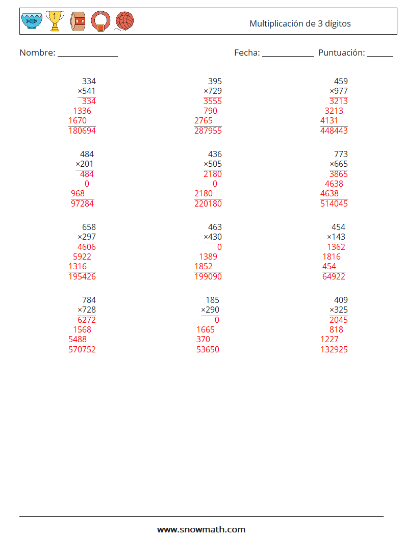 (12) Multiplicación de 3 dígitos Hojas de trabajo de matemáticas 9 Pregunta, respuesta