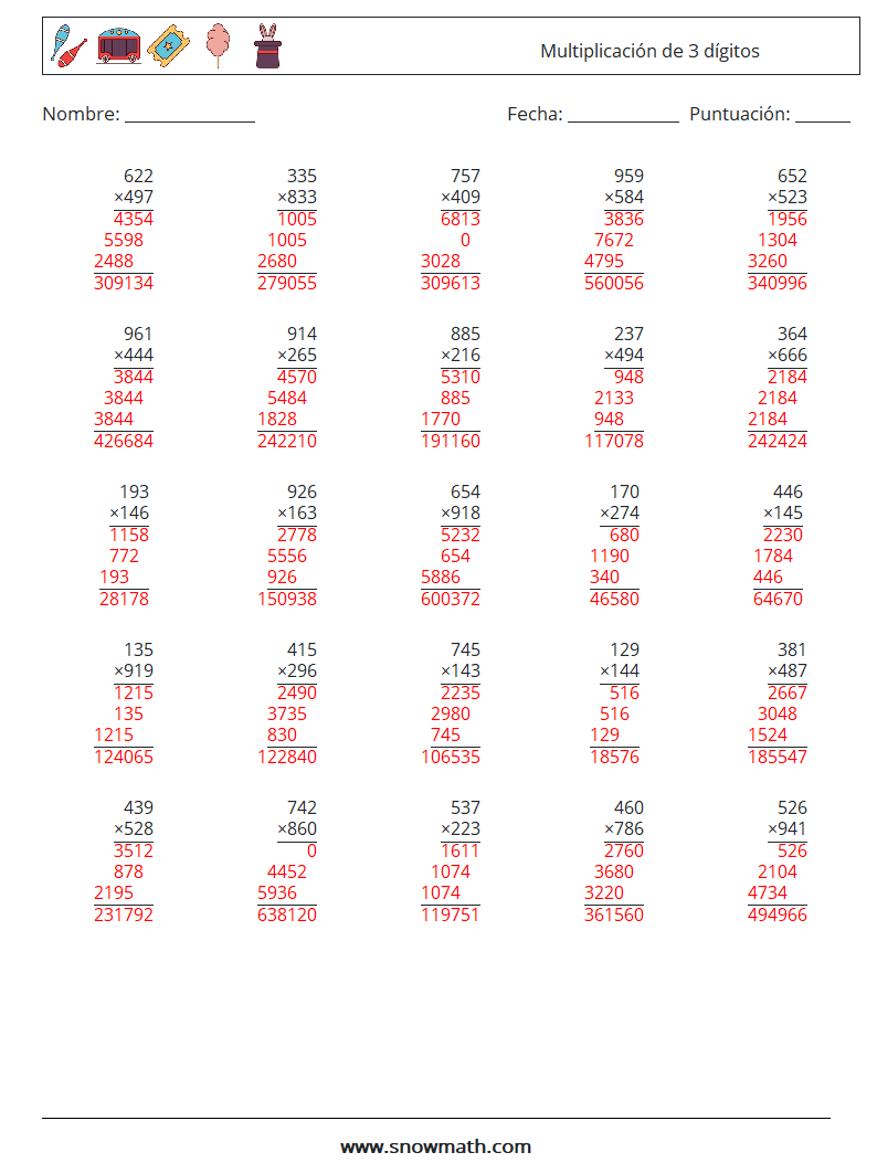 (25) Multiplicación de 3 dígitos Hojas de trabajo de matemáticas 10 Pregunta, respuesta