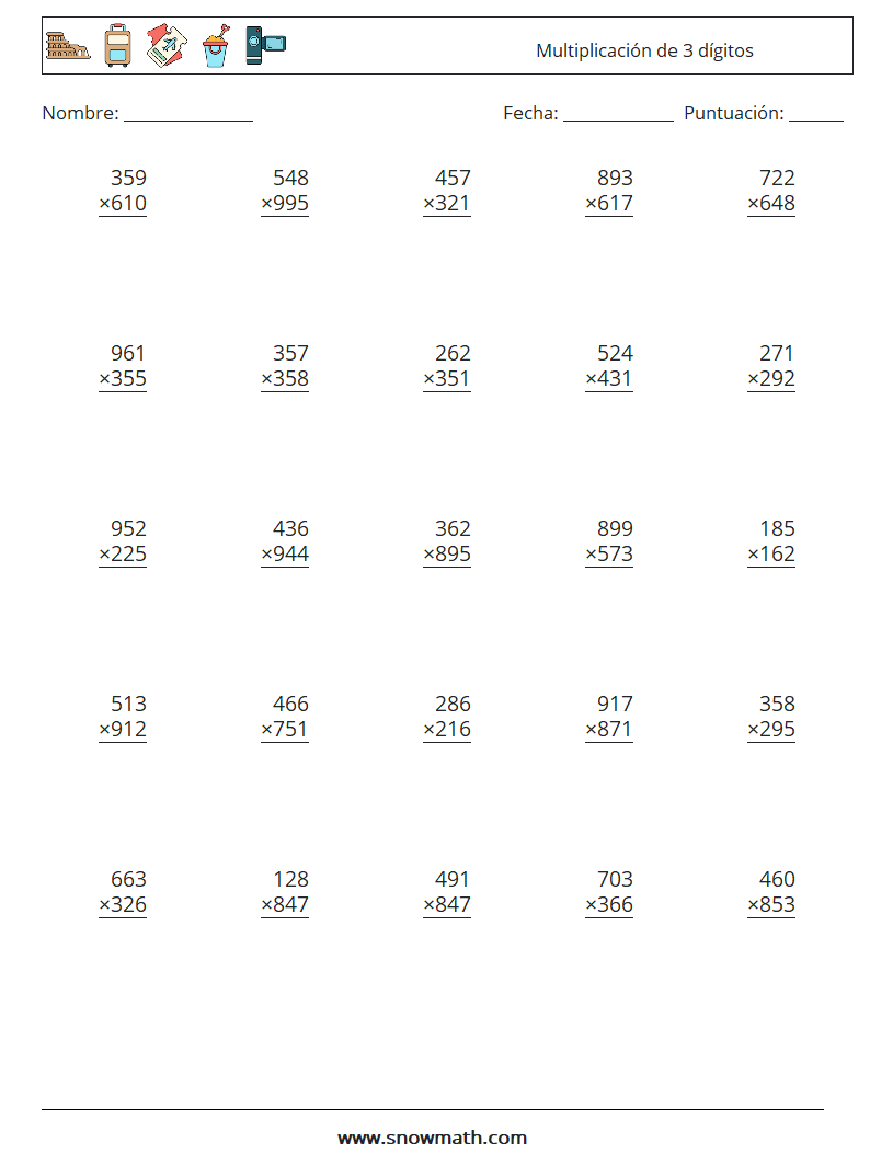 (25) Multiplicación de 3 dígitos Hojas de trabajo de matemáticas 11