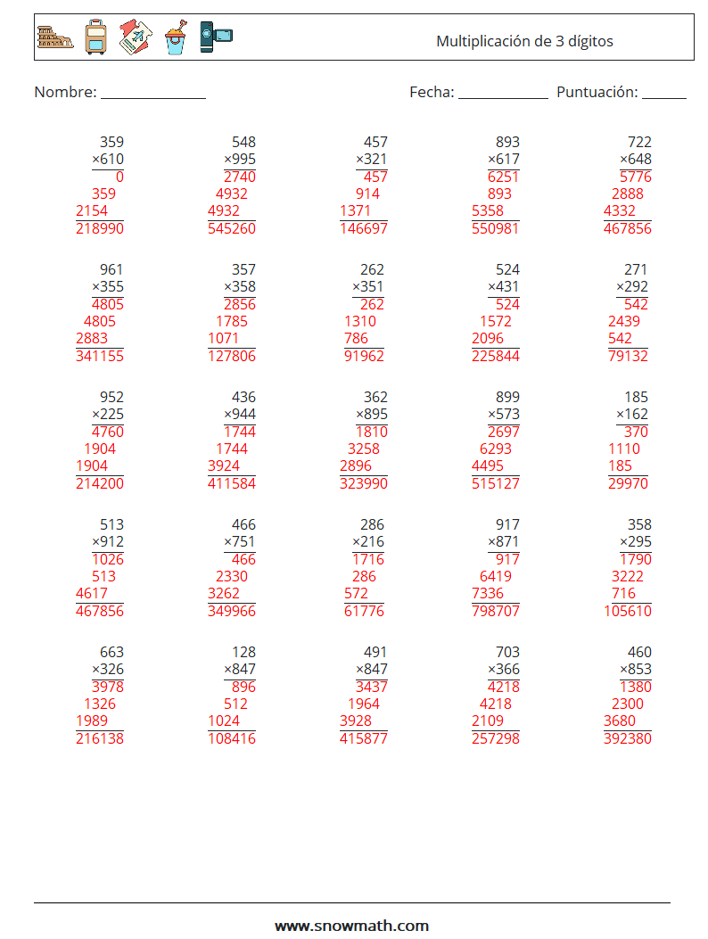 (25) Multiplicación de 3 dígitos Hojas de trabajo de matemáticas 11 Pregunta, respuesta