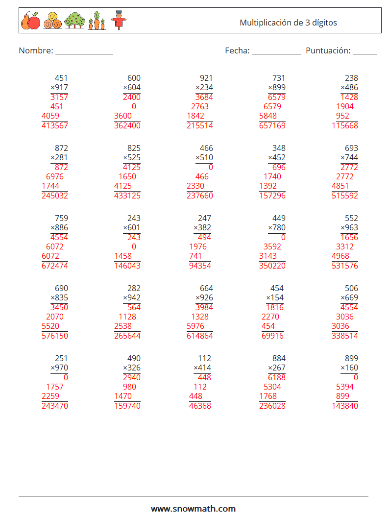 (25) Multiplicación de 3 dígitos Hojas de trabajo de matemáticas 12 Pregunta, respuesta