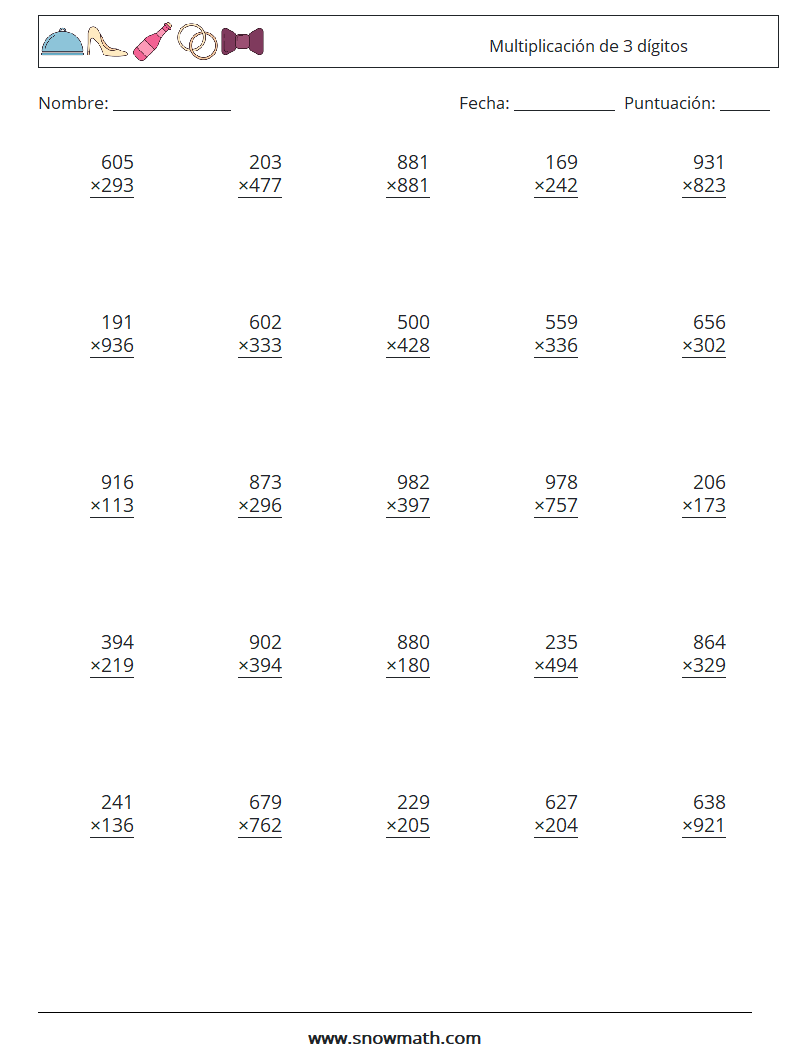 (25) Multiplicación de 3 dígitos Hojas de trabajo de matemáticas 13