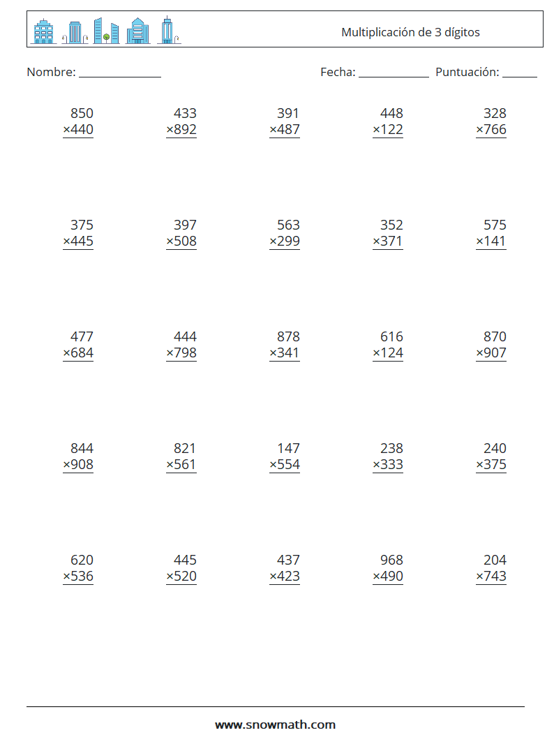 (25) Multiplicación de 3 dígitos Hojas de trabajo de matemáticas 14