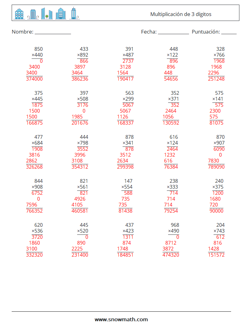 (25) Multiplicación de 3 dígitos Hojas de trabajo de matemáticas 14 Pregunta, respuesta