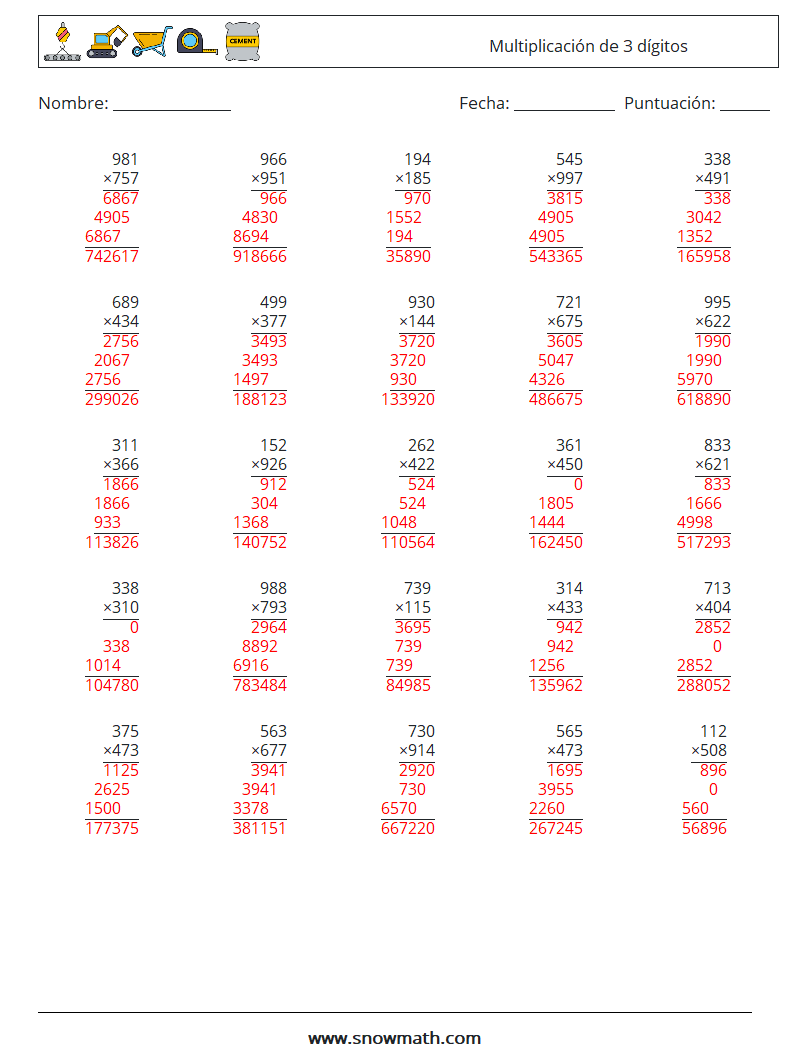 (25) Multiplicación de 3 dígitos Hojas de trabajo de matemáticas 15 Pregunta, respuesta