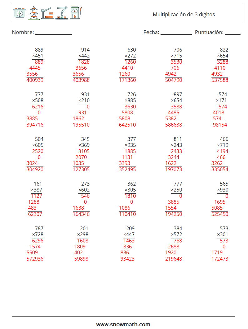 (25) Multiplicación de 3 dígitos Hojas de trabajo de matemáticas 16 Pregunta, respuesta