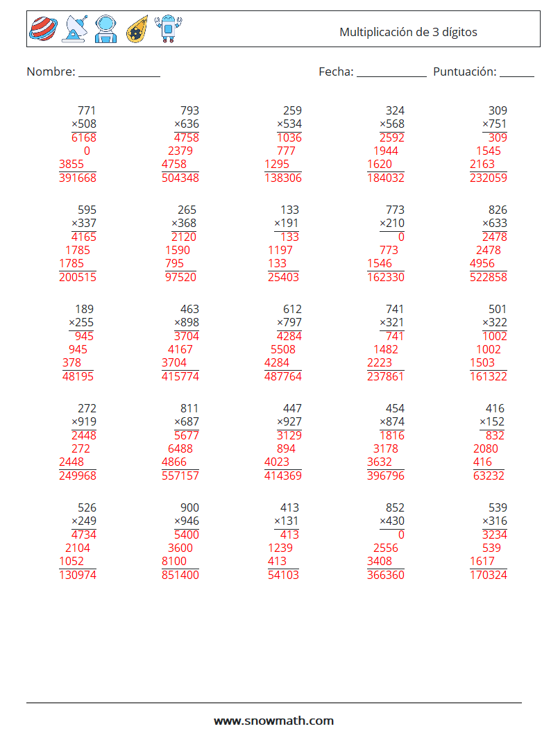 (25) Multiplicación de 3 dígitos Hojas de trabajo de matemáticas 17 Pregunta, respuesta